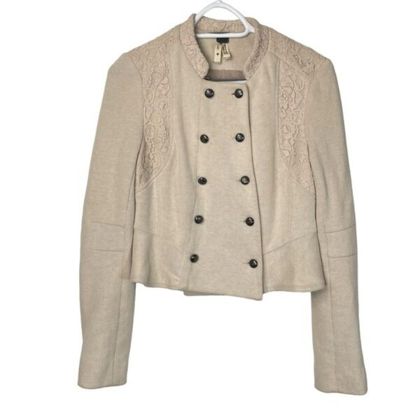 Free People We The Free Womens Military Jacket Lace Cropped Cream Lace Button 6 - Picture 2 of 16